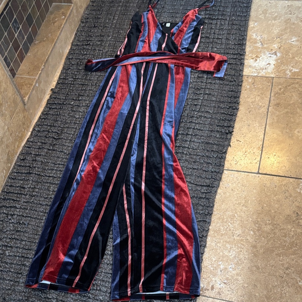 Only Striped Velvet Jumpsuit in Red, Navy & Black